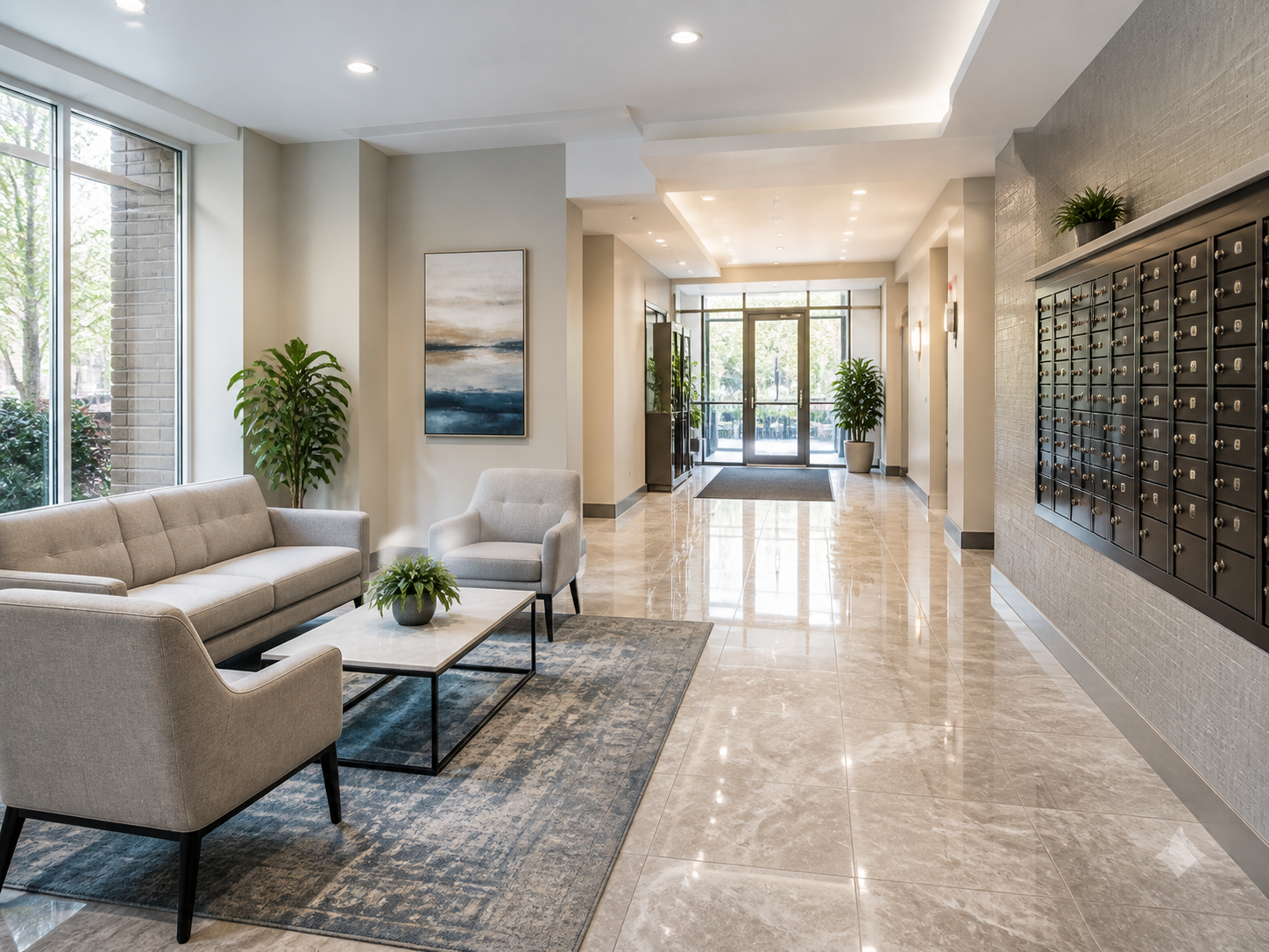 Clean apartment building common area with lobby seating and mailboxes