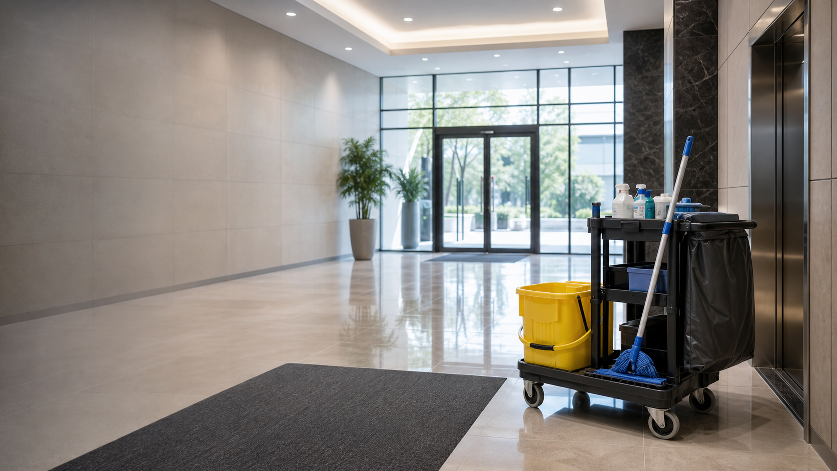 Clean apartment building lobby with a janitorial cart ready for service