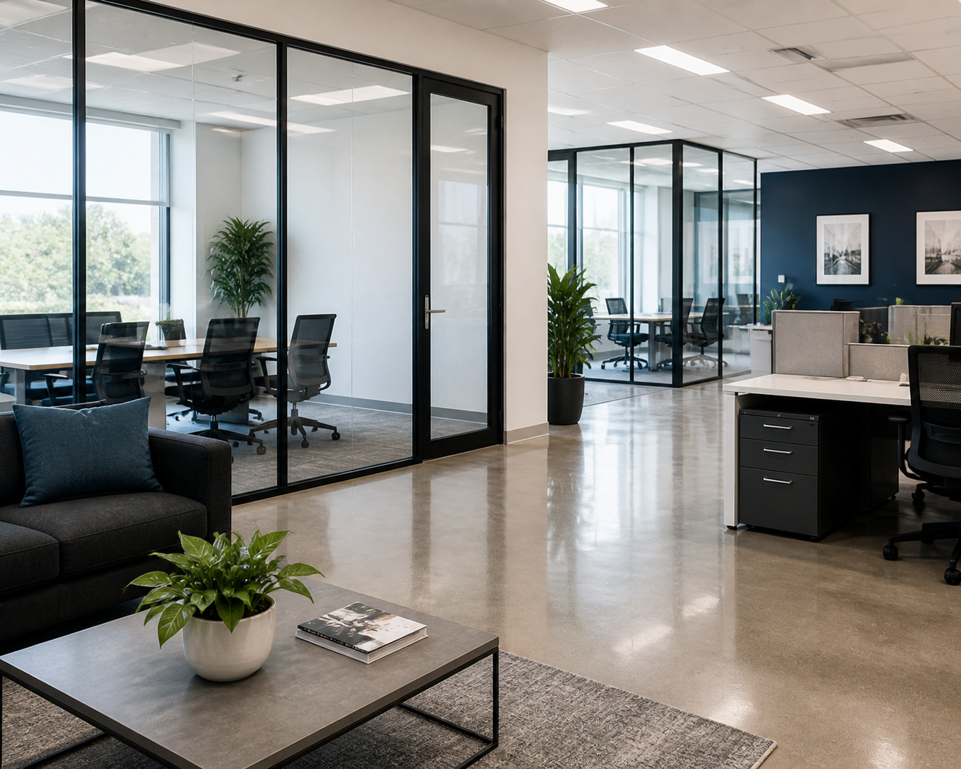 Clean modern office and commercial workspace with polished floors